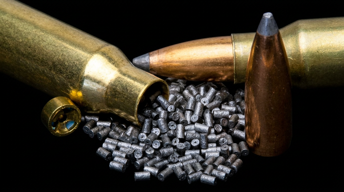 Rifle brass casing, projectiles, and powder pellets