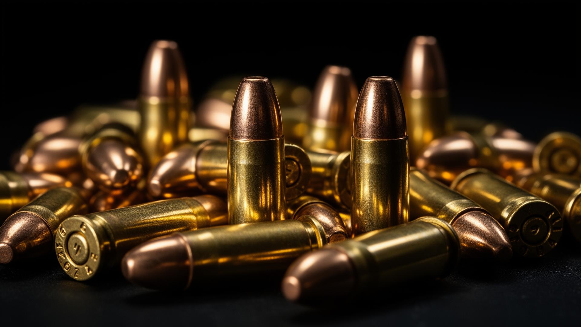 Macro view of brass 9mm projectiles